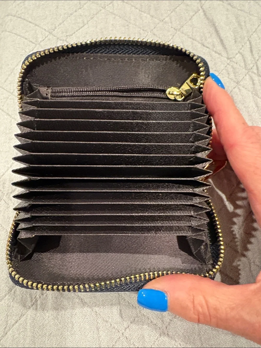 Navy Zip-Around Card & Key Holder with Gold Bee Accent